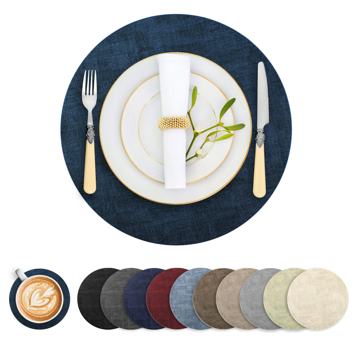 Round Faux Leather Placemats and Coasters, Set of 6, Reversible Heat Resistant Non-Slip Table Mats, Waterproof Wipeable Place Mats for Dining Table, Washable for Indoor & Outdoor (6, Light Brown)