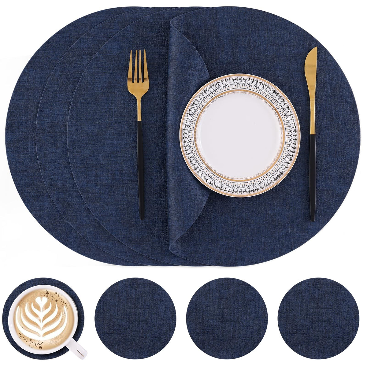 Homaxy Round Faux Leather Placemats and Coasters, Set of 4, Beige