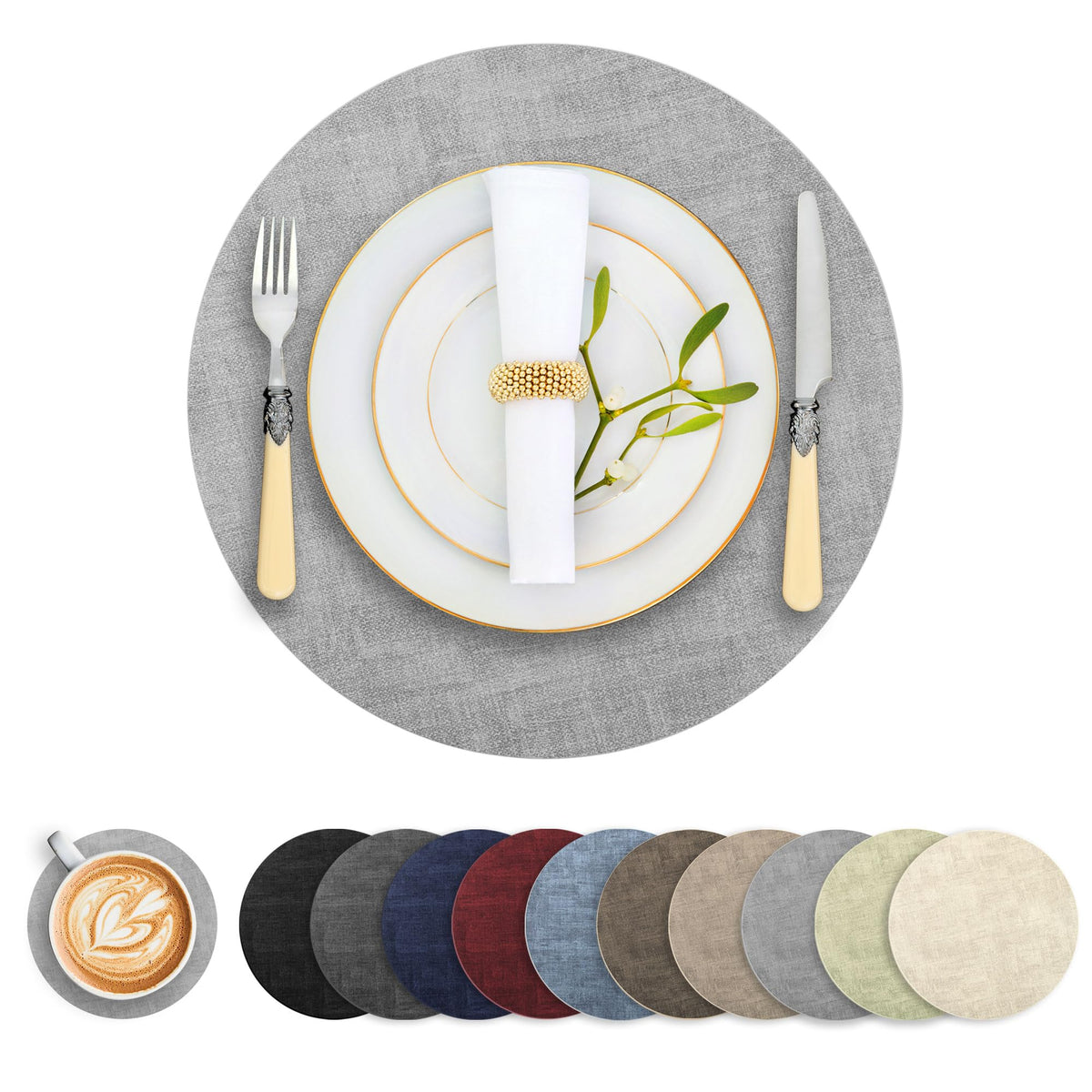 Round Faux Leather Placemats and Coasters, Set of 6, Reversible Heat Resistant Non-Slip Table Mats, Waterproof Wipeable Place Mats for Dining Table, Washable for Indoor & Outdoor (6, Light Brown)