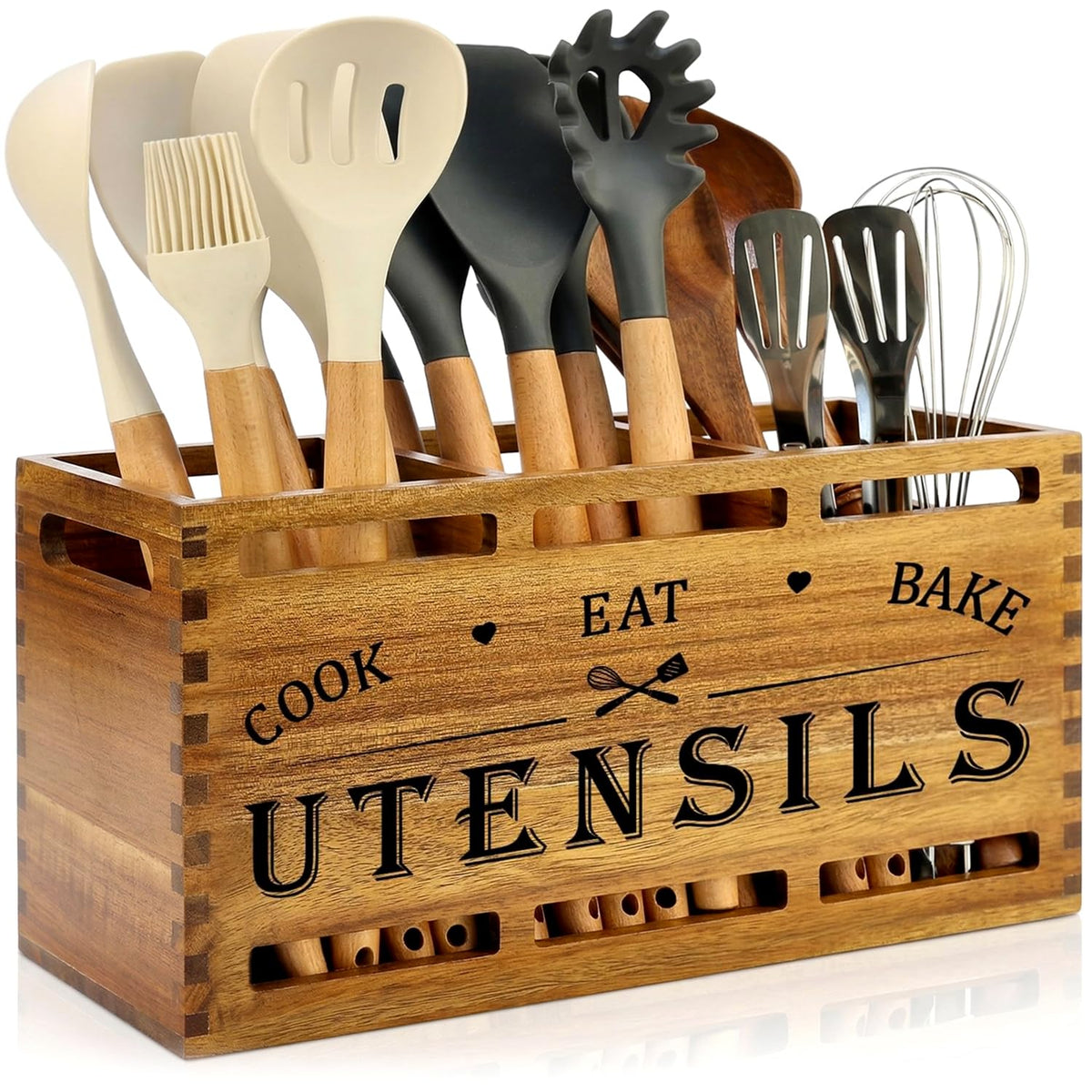 Large Black Wood Utensil Holder for Kitchen Decor Spoon Spatula Organizer