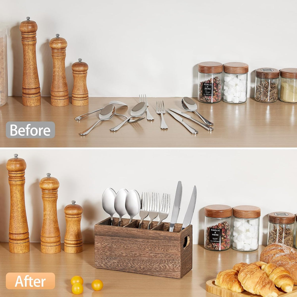 Wooden Utensil Holder Organizer for countertop, 3 Compartment Cutlery Caddy