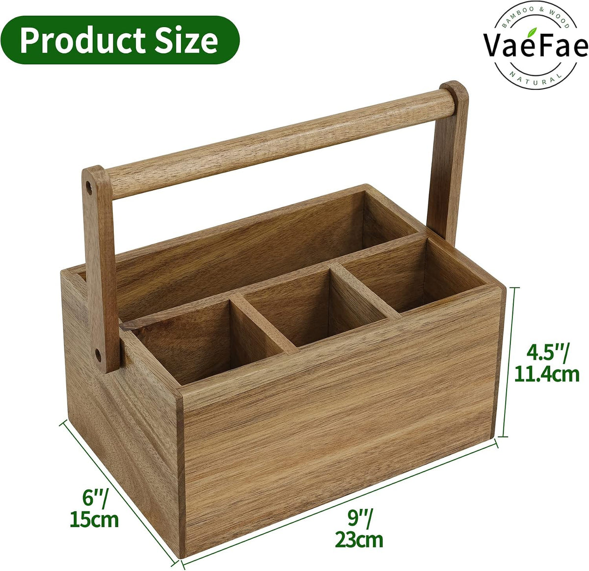 VaeFae Acacia Silverware Caddy, Utensil Holder with Handle, Medium