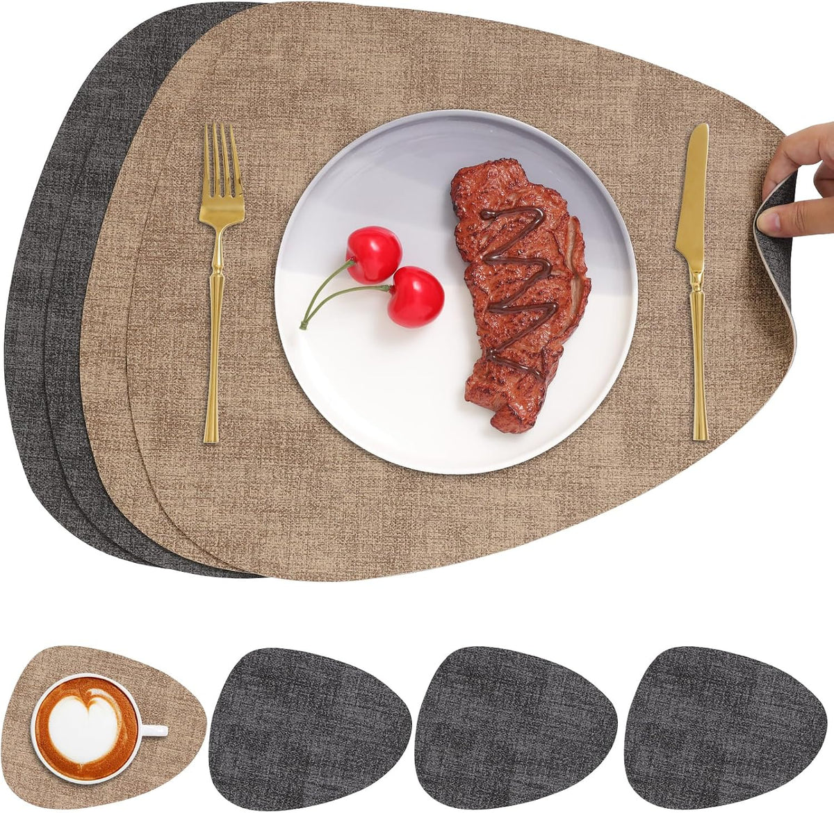 Faux Leather Placemats Set of 4, Dual Sided with Drink Coasters
