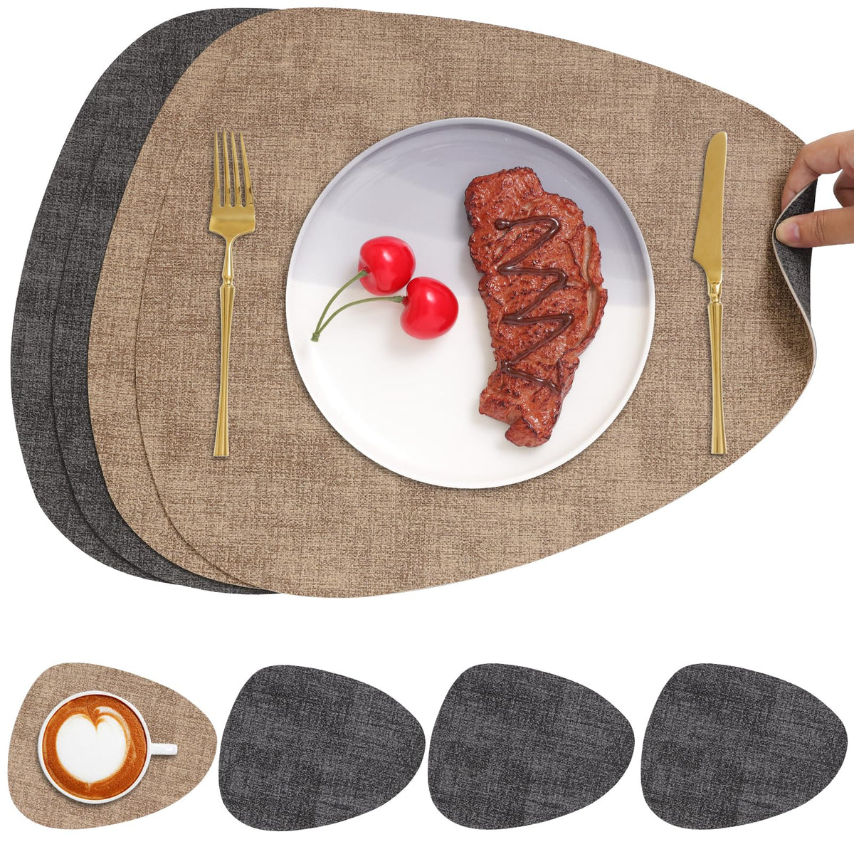Faux Leather Placemats Set of 4, Dual Sided with Drink Coasters