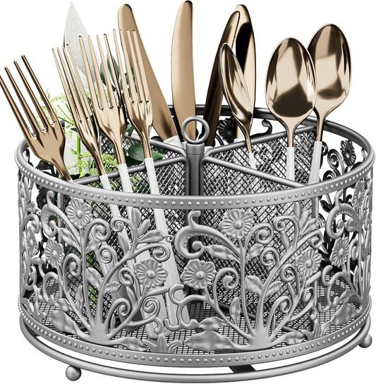 YIUKEA 360° Rotating Flatware Caddy - 4 Compartments Metal Mesh
