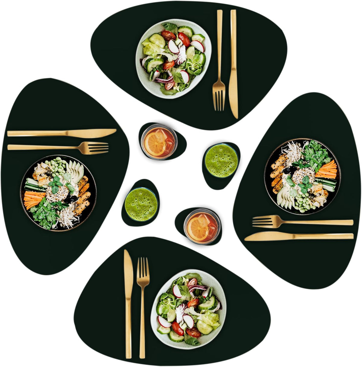 Faux Leather Placemats and Coasters - Set of 4 Round Modern Dark Green Table Mats for Dining - Heat Resistant, Waterproof & Non Slip Place mat for Indoor & Outdoor - Wipeable for Easy Care