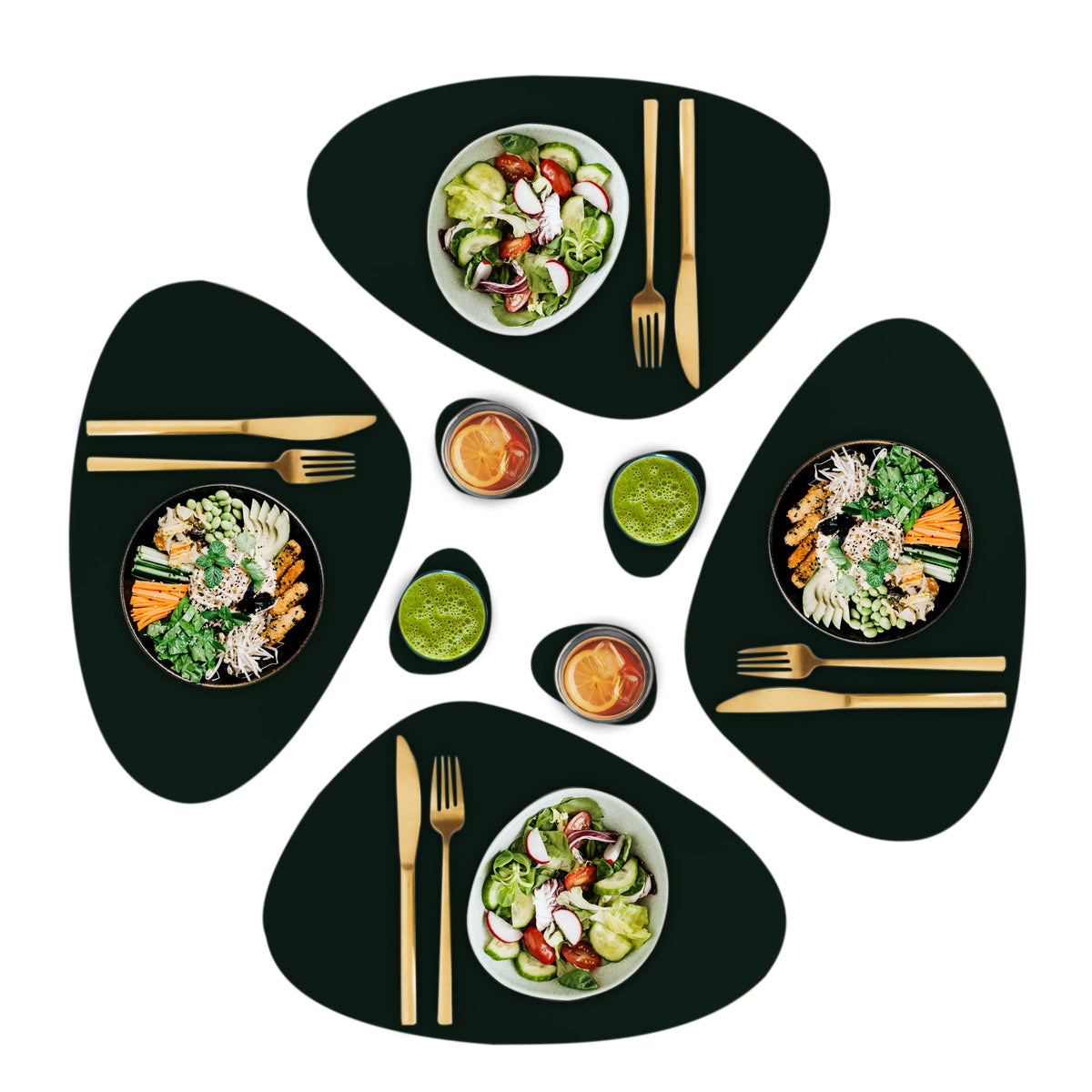 Faux Leather Placemats and Coasters - Set of 4 Round Modern Dark Green Table Mats for Dining - Heat Resistant, Waterproof & Non Slip Place mat for Indoor & Outdoor - Wipeable for Easy Care