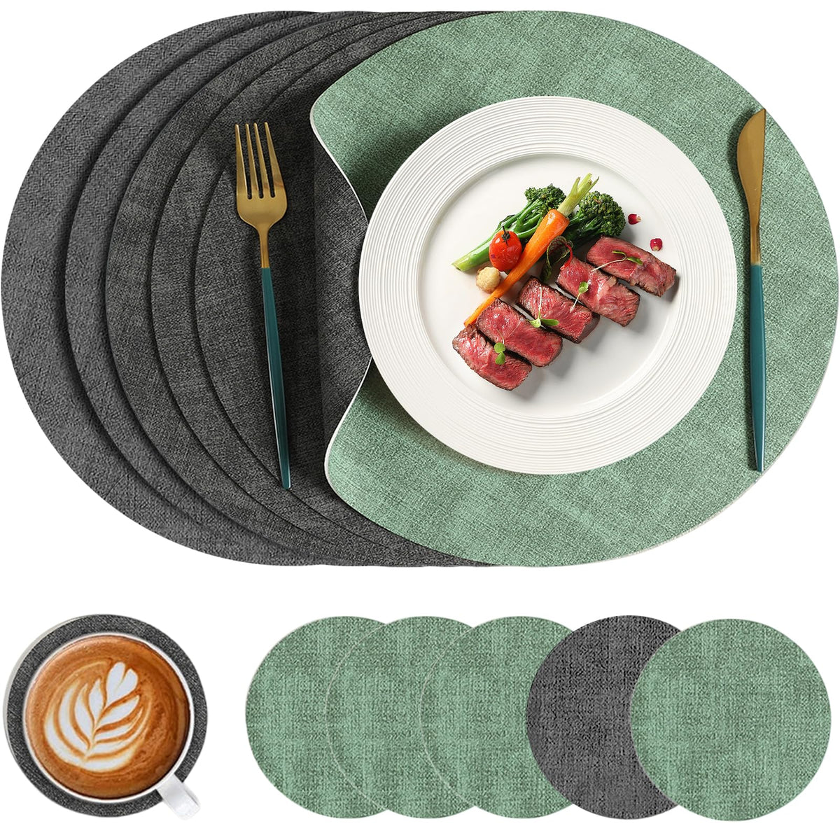 13" Round Placemats Set of 6 with Coasters,Reversible Faux Leather Heat Resistant Table Mats, 100% Waterproof Oilproof Wipeable Double-Sided Place Mats for Indoor/Outdoor Use (Beige) ﻿ ﻿