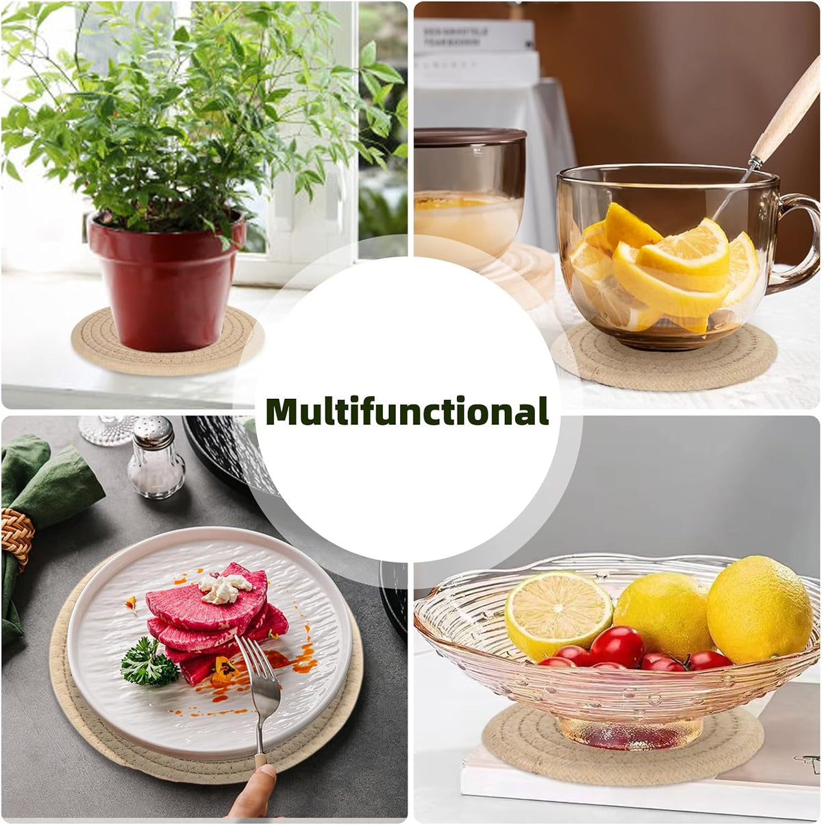 4 PCS Plant Coasters 4 & 7 Inch Woven Plant Saucer Coaster for Gardening Indoor and Outdoor Pots (Khaki)