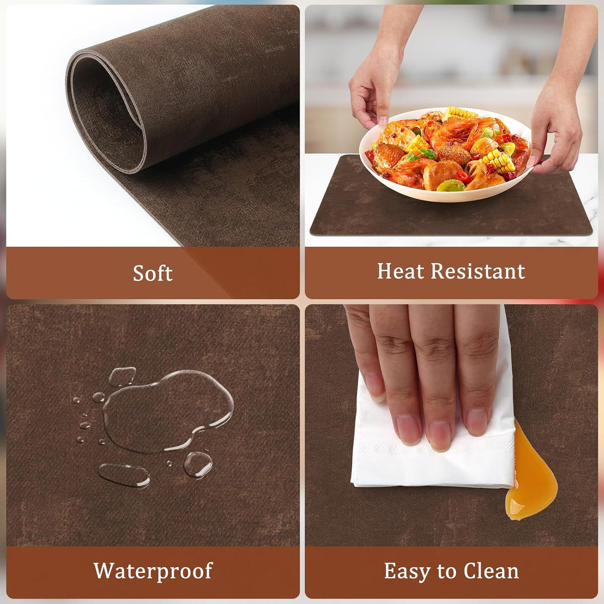 comfoyar Faux Leather Placemats with Coasters Set of 6, 12x17 Inch Heat Resistant Dual-Sided Imitation Velvet Dark Brown Place Mats, Waterproof Wipeable Table Mats for Kitchen Dining Party Decoration