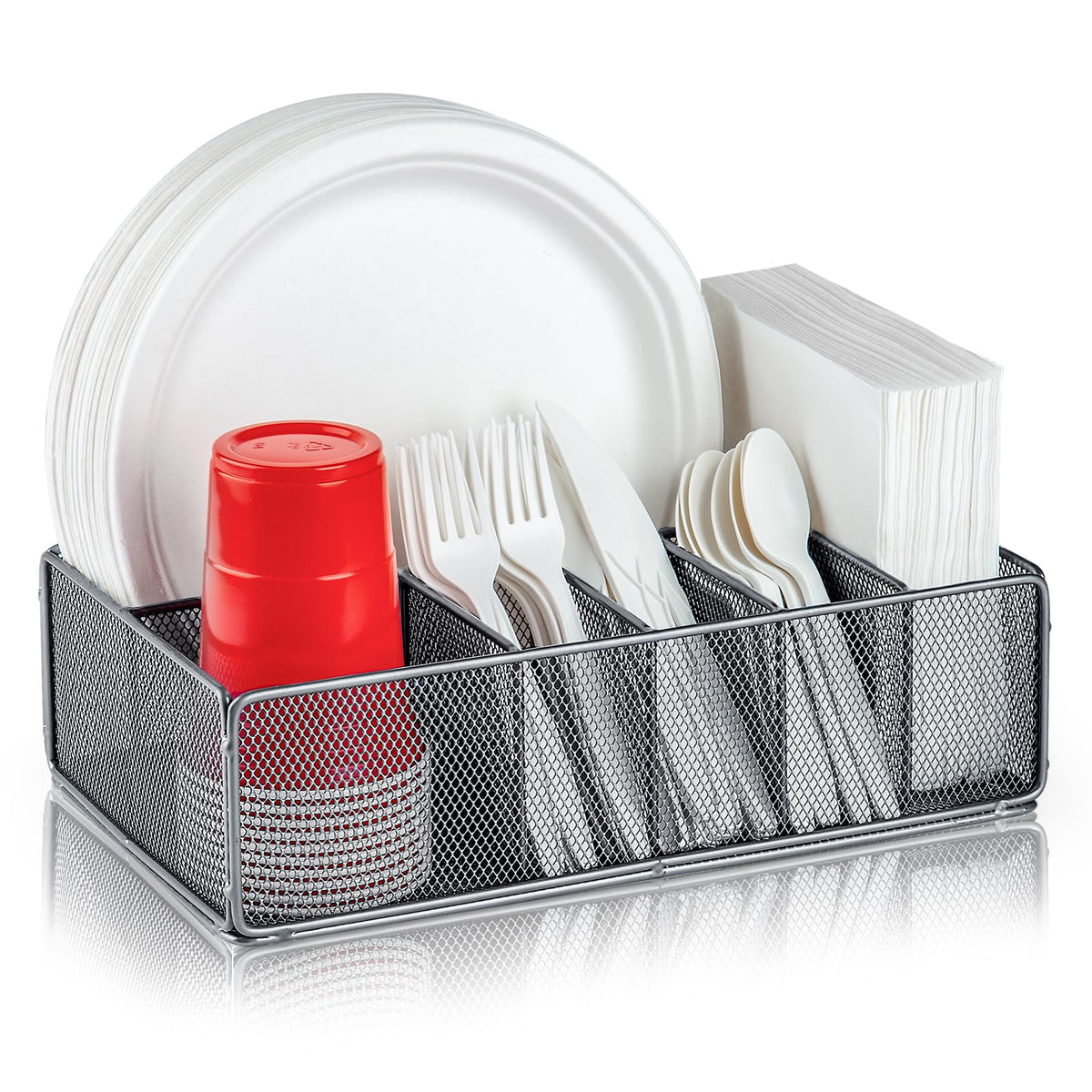 Paper Plate Organizer for Countertop, Metal Silverware Caddy for Cup, Napkin, Fork, Spoon, Paper Plate and Utensil Holder, Cutlery Caddy for Party, Camping, Picnic (Black)