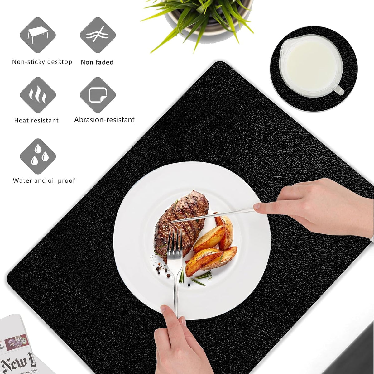 Placemats and Coasters Set of 6, Waterproof、Oil-Proof Wipeable、Anti Slip PVC Leather Place Mats, Heat Resistant Reversible Table Mats for Kitchen, Dining, Outdoor 17’’×12’’, (Black)
