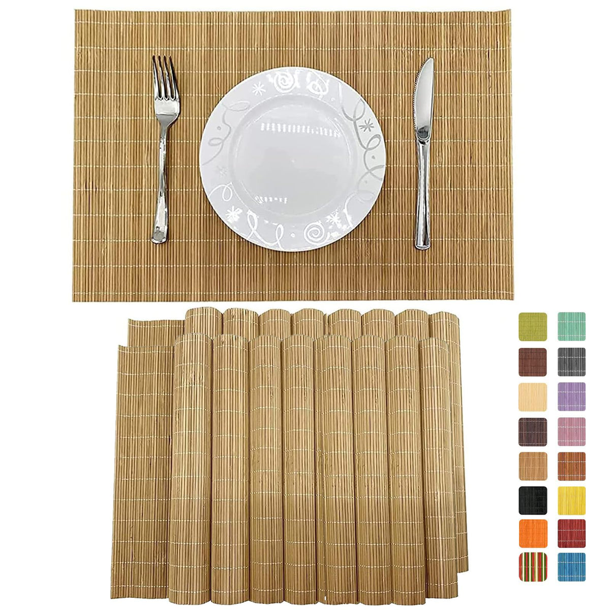Non-Slip Bamboo Placemats Set of 6, 17.7x11.8 Inch - Heat Resistant & Easy-Clean, Natural Woven Table Mats for Daily Dining, Family Meals or Home Decor (Brown)
