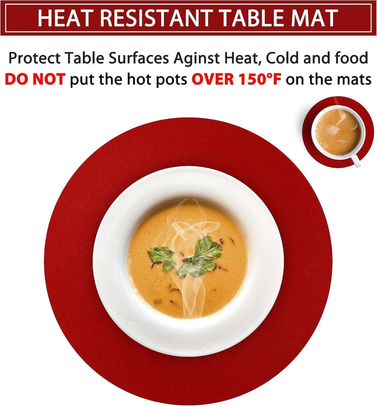 Wipeable Placemats and Coasters Leather Table Mats Waterproof Heat-Resistant Easy to Clean for Dining Table Set Kitchen Table Set of 6, Red