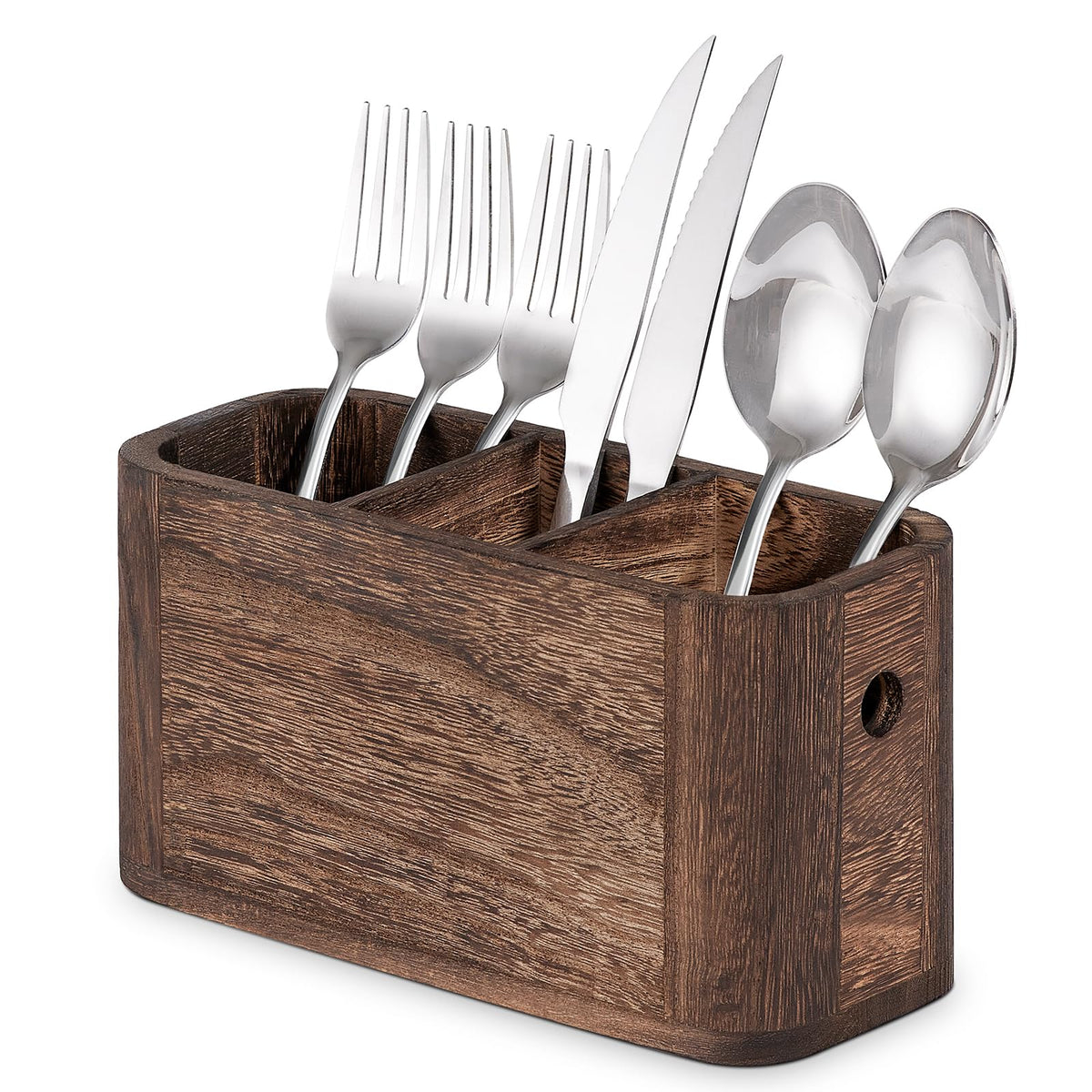Wooden Utensil Holder Organizer for countertop, 3 Compartment Cutlery Caddy