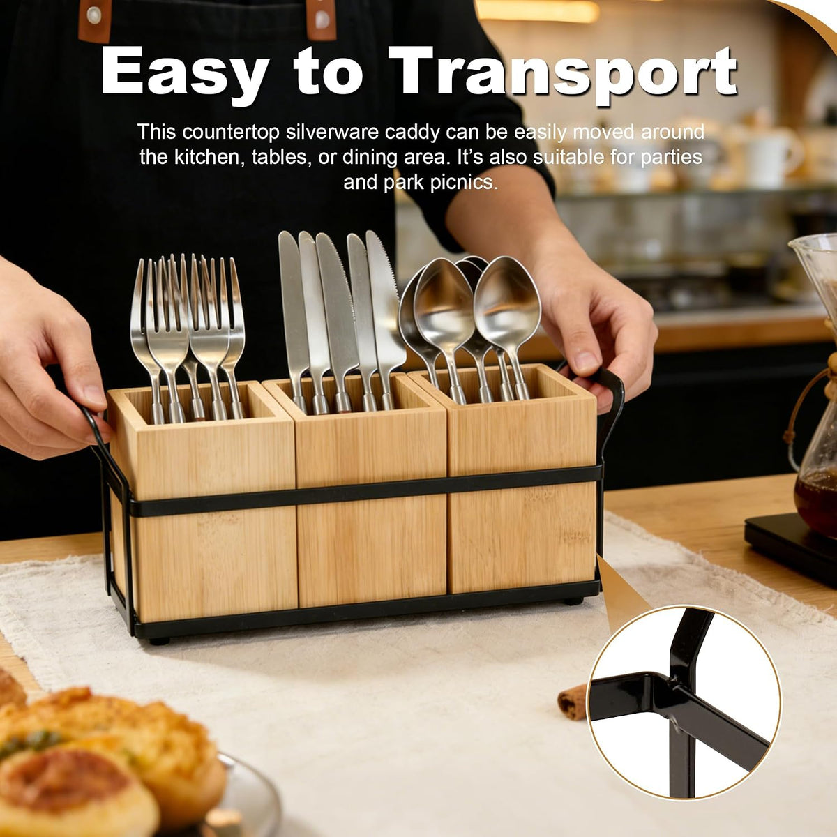 Bamboo Silverware Caddy for Kitchen Countertop, Wooden Utensil Holder
