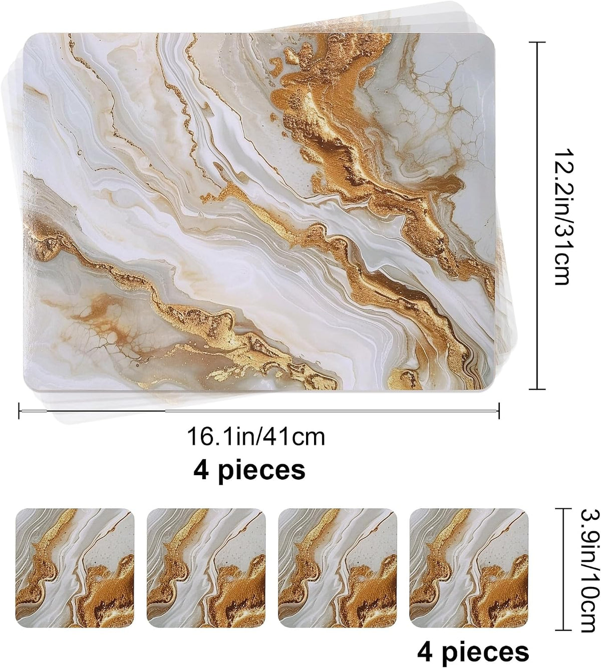 fanquare Hard Cork Placemats and Coasters Set of 4 with Marble Pattern Design Easy to Clean Abstract Artistic Placemat for Dining Table Décor, Gold Sand