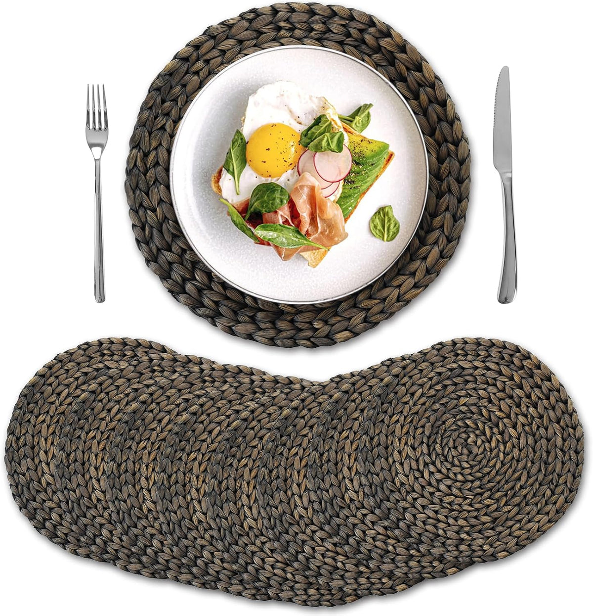 8 Pack, Round Woven Placemats, Natural Water Hyacinth Wicker Place Mats, Braided Straw Table Mats for Dining Table, Fall, Halloween, Thanksgiving, Christmas, Black (13.8 inch)