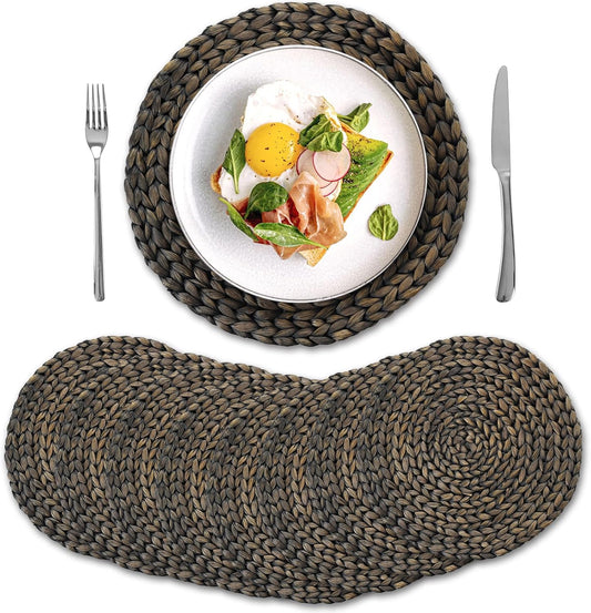 8 Pack, Round Woven Placemats, Natural Water Hyacinth Wicker Place Mats, Braided Straw Table Mats for Dining Table, Fall, Halloween, Thanksgiving, Christmas, Black (13.8 inch)