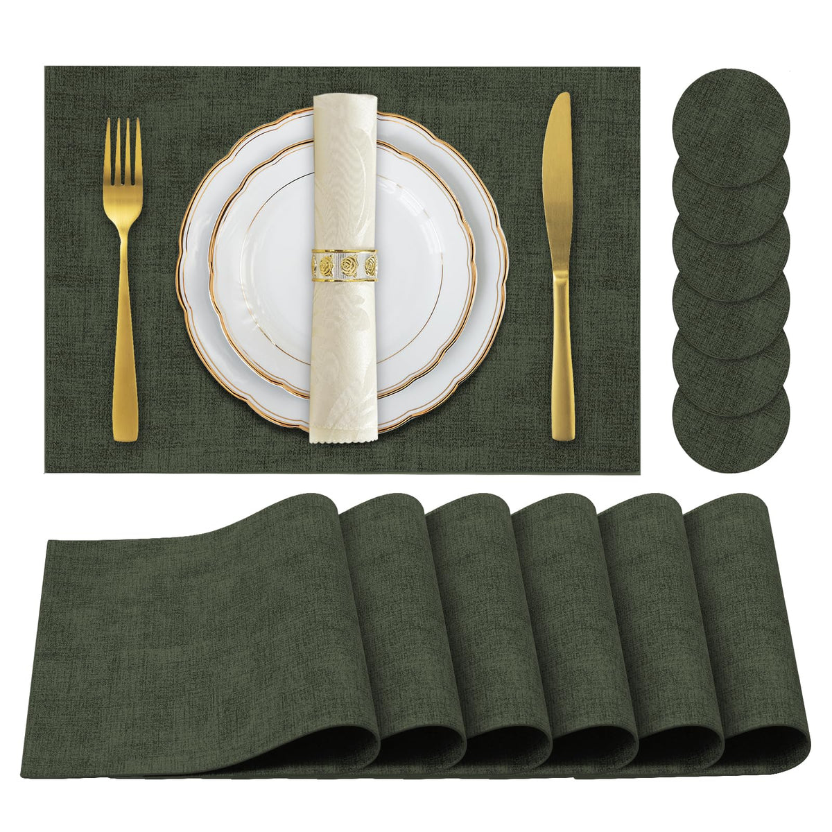 Faux Leather Placemats Set of 6,Heat Resistant Placemats for Dining Table, Easy Clean Non-Slip Place Mats, Waterproof Stain Resistant Wipeable Washable PU Table Mats, (Coffee)