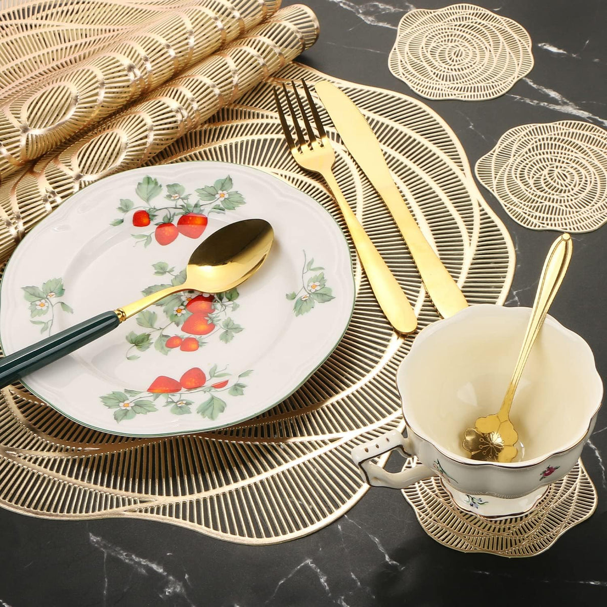 12 Pcs Round Pressed Vinyl Placemats Gold Placemat Coaster Set Metallic Place Mat Rose Floral Non Slip Table Mats for Wedding Dinner Party Table Supplies Washable Heat Resistant (Gold Rose, 12)