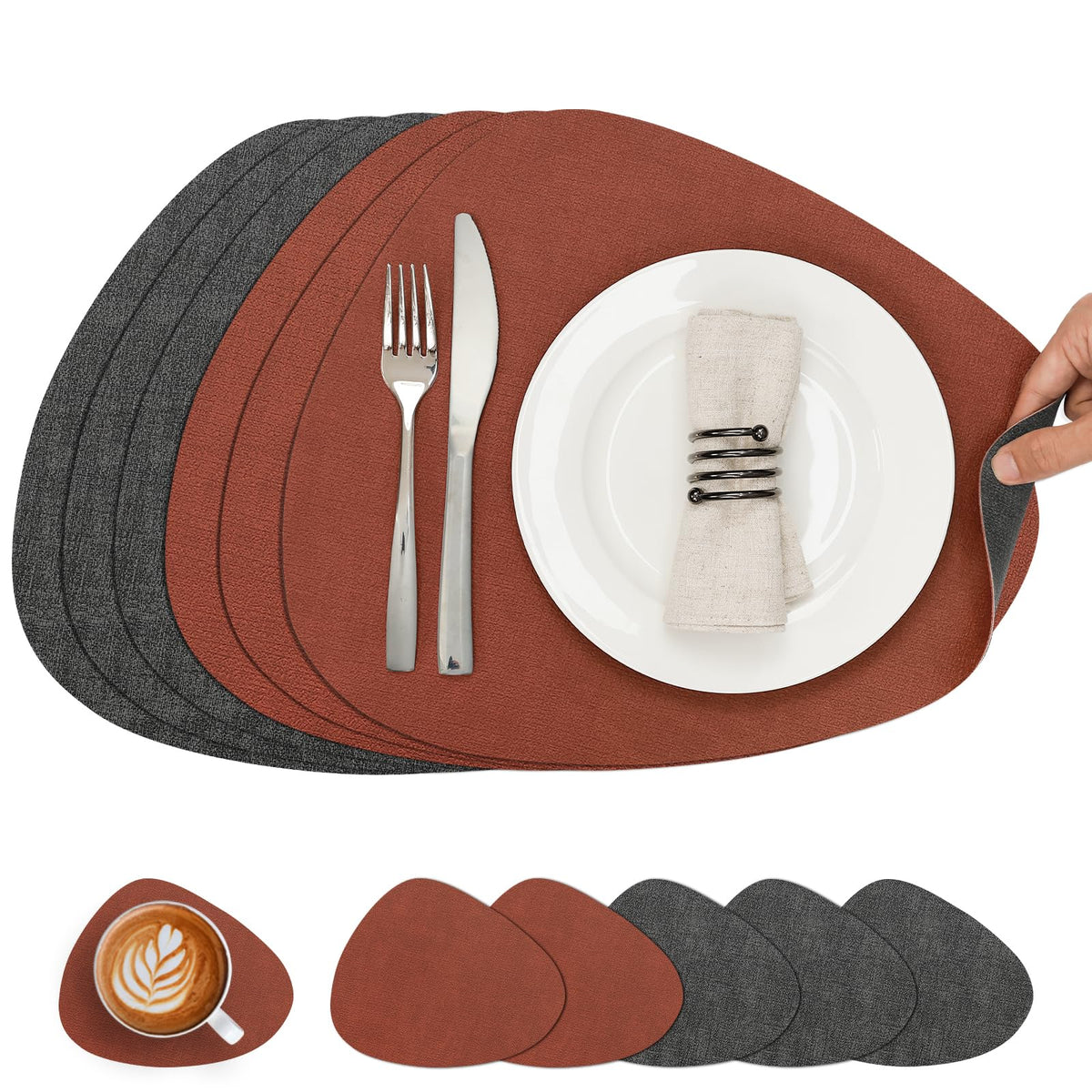 Faux Leather Placemats Set of 4, Dual Sided with Drink Coasters
