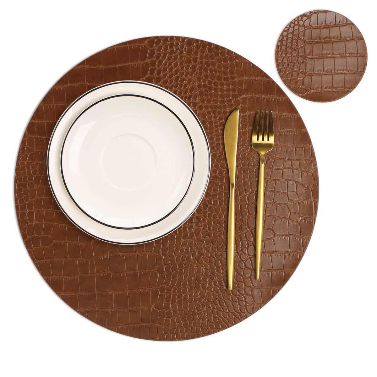 Jovono Round Leather Placemats for Round Tables Set of 4, Brown Place Mats and Coasters, Wipeable Waterproof Heat Resistant Table Mats Easy to Care for Indoor Decor 13 inch Diameter