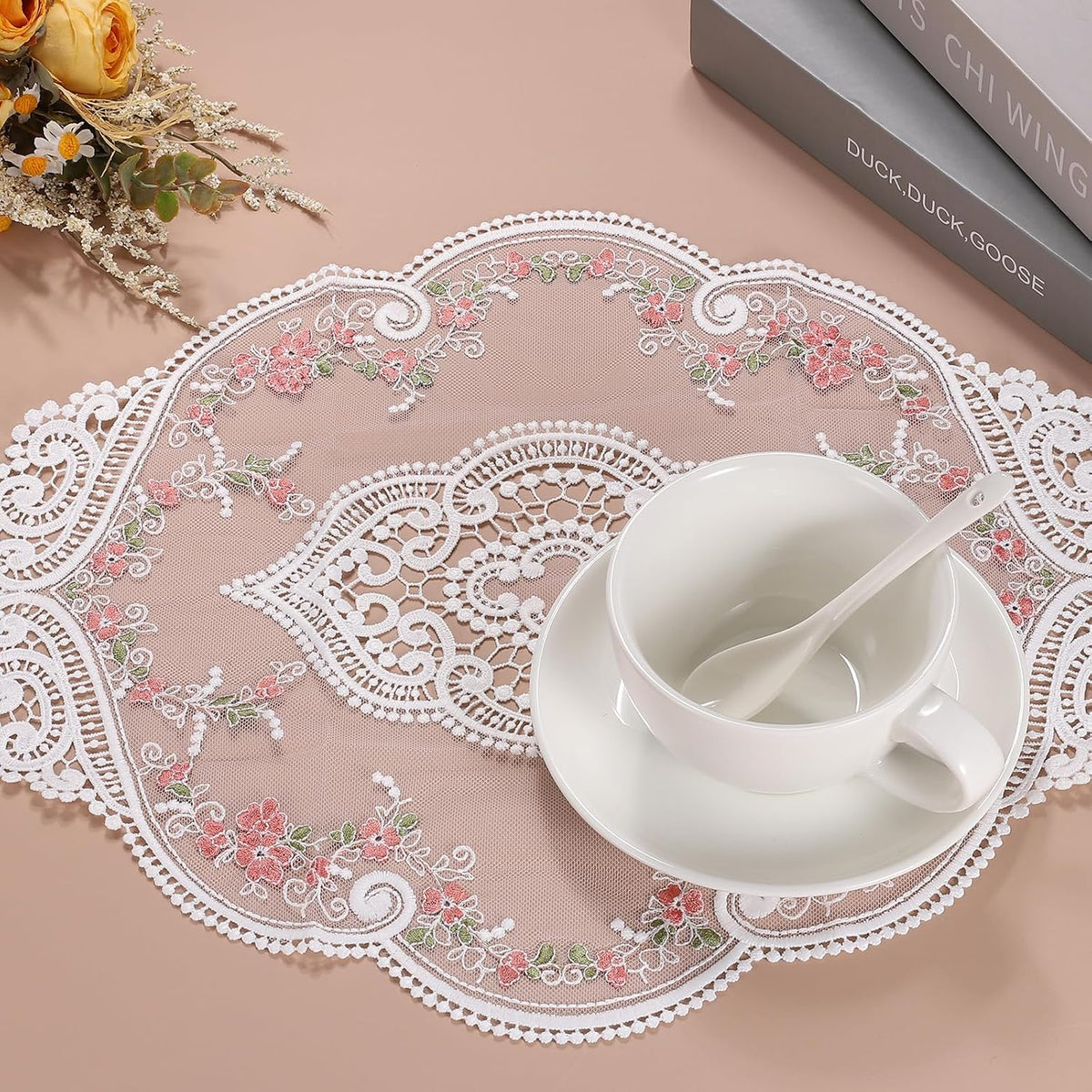 uxcell Retro Lace Placemat 12x17-in Oval Embroidered Table Place Mats French Crochet Doilies Coasters Cup Mat for Home Wedding, Dusty Rose