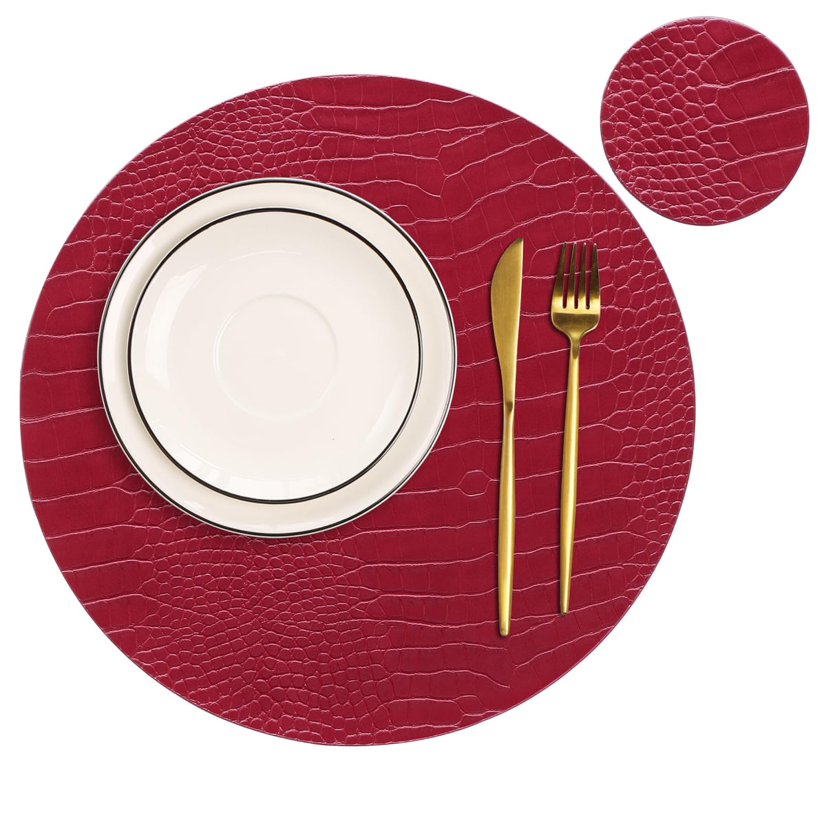 Jovono Round Leather Placemats for Round Tables Set of 4, Brown Place Mats and Coasters, Wipeable Waterproof Heat Resistant Table Mats Easy to Care for Indoor Decor 13 inch Diameter