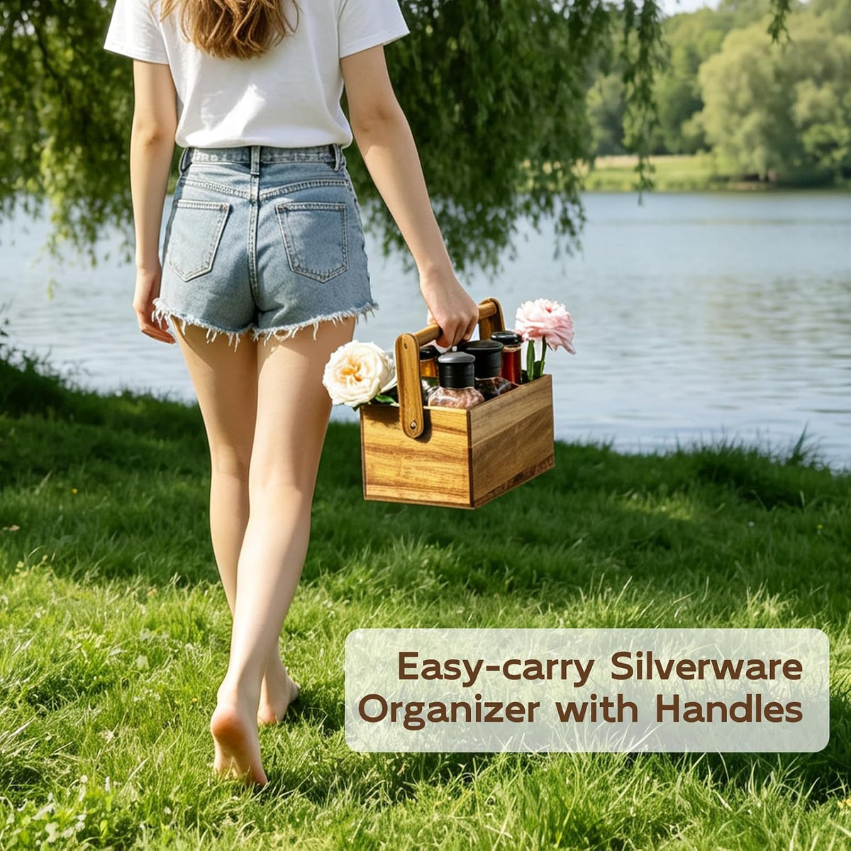 Acacia Silverware Holder, Paper Plate Holders with Handle, Picnic Silverware Caddy for Party, Cutlery Holder for Countertop, Wood Utensil Organizer for Home Kitchen & RV