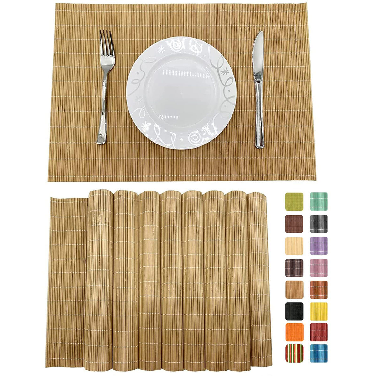 Non-Slip Bamboo Placemats Set of 6, 17.7x11.8 Inch - Heat Resistant & Easy-Clean, Natural Woven Table Mats for Daily Dining, Family Meals or Home Decor (Brown)