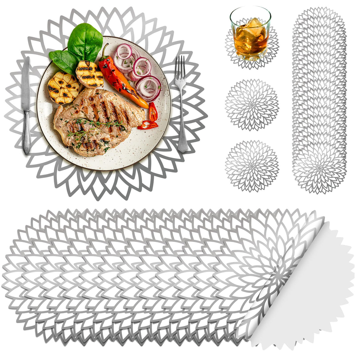 Geosar 200 Pcs Silver Metallic Disposable Paper Placemats Set 13 Inch
