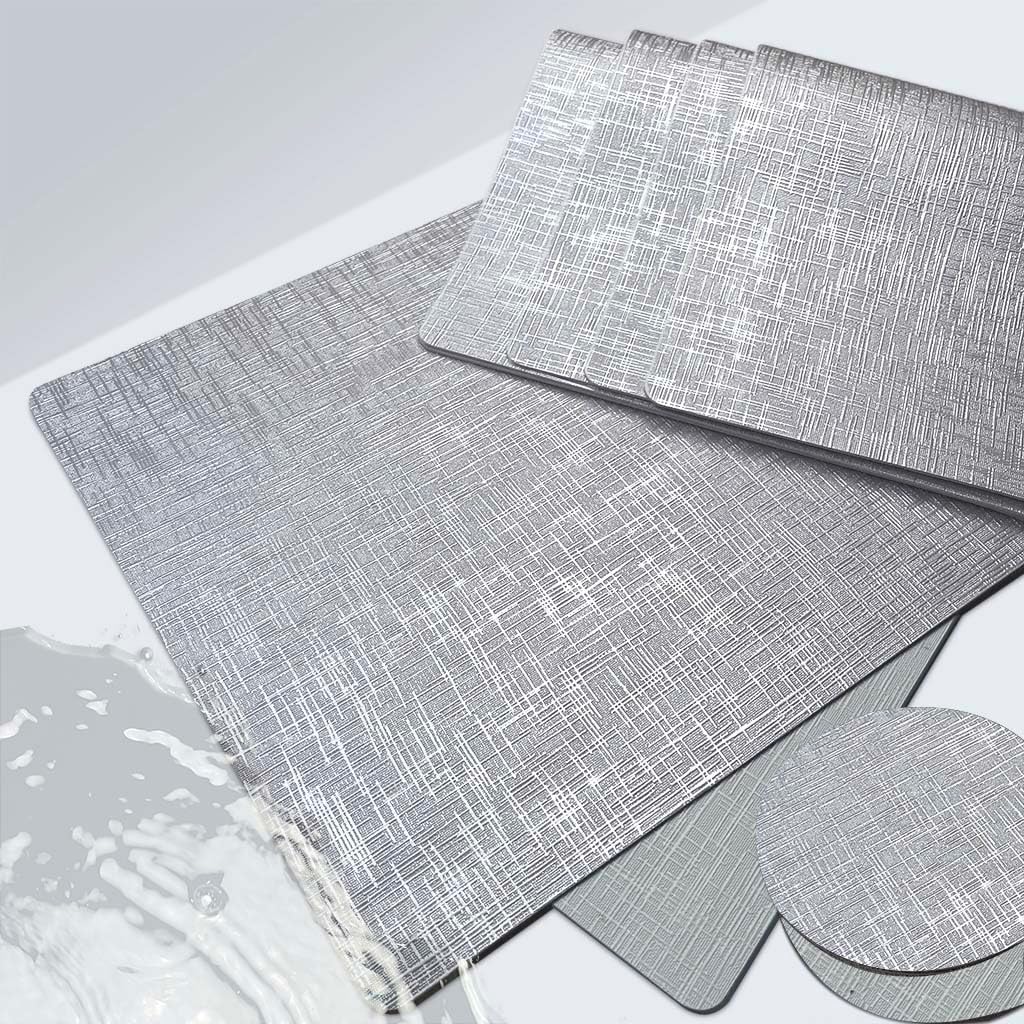 Elegant Placemats and Coasters Set 6, Vinyl Washable Place Mats with Non-Slip Stripes & Metallic Finish, Durable Dining Table Placemats Sets of 6, Dinner Table Mat with Coasters for Table Decor-Silver