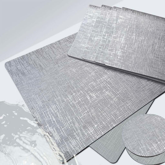 Elegant Placemats and Coasters Set 6, Vinyl Washable Place Mats with Non-Slip Stripes & Metallic Finish, Durable Dining Table Placemats Sets of 6, Dinner Table Mat with Coasters for Table Decor-Silver