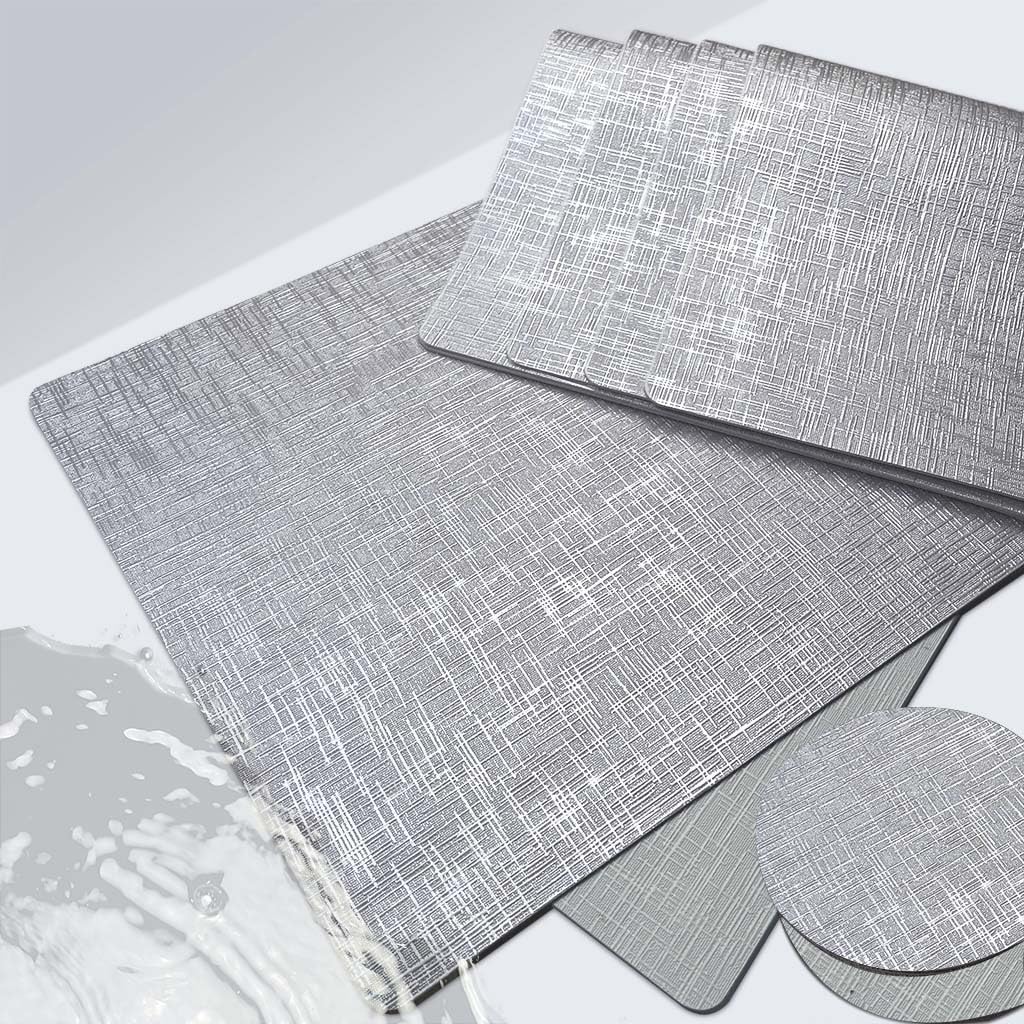 Elegant Placemats and Coasters Set 6, Vinyl Washable Place Mats with Non-Slip Stripes & Metallic Finish, Durable Dining Table Placemats Sets of 6, Dinner Table Mat with Coasters for Table Decor-Silver
