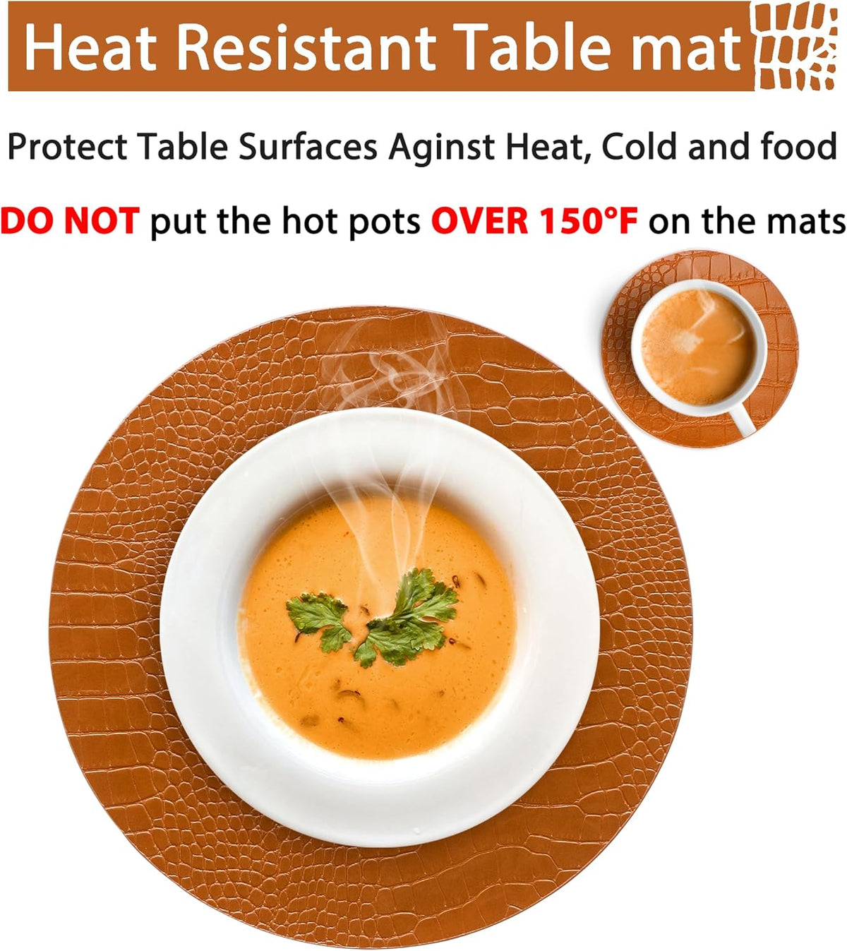 Jovono Round Leather Placemats for Round Tables Set of 4, Brown Place Mats and Coasters, Wipeable Waterproof Heat Resistant Table Mats Easy to Care for Indoor Decor 13 inch Diameter