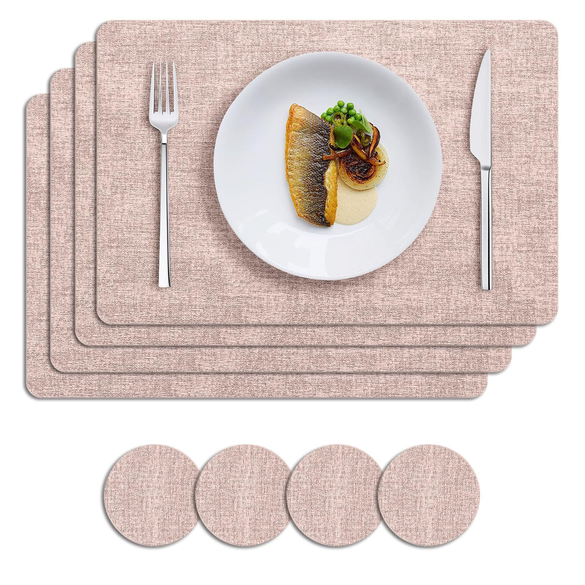 MOSAYT Placemats Set of 8, Heat Resistant Vinyl Place Mats with Coasters, Wipeable Washable 100% Waterproof Oil Proof Faux Leather Table Mats for Kitchen Dining Party Outdoor, 12" x 17", Orange