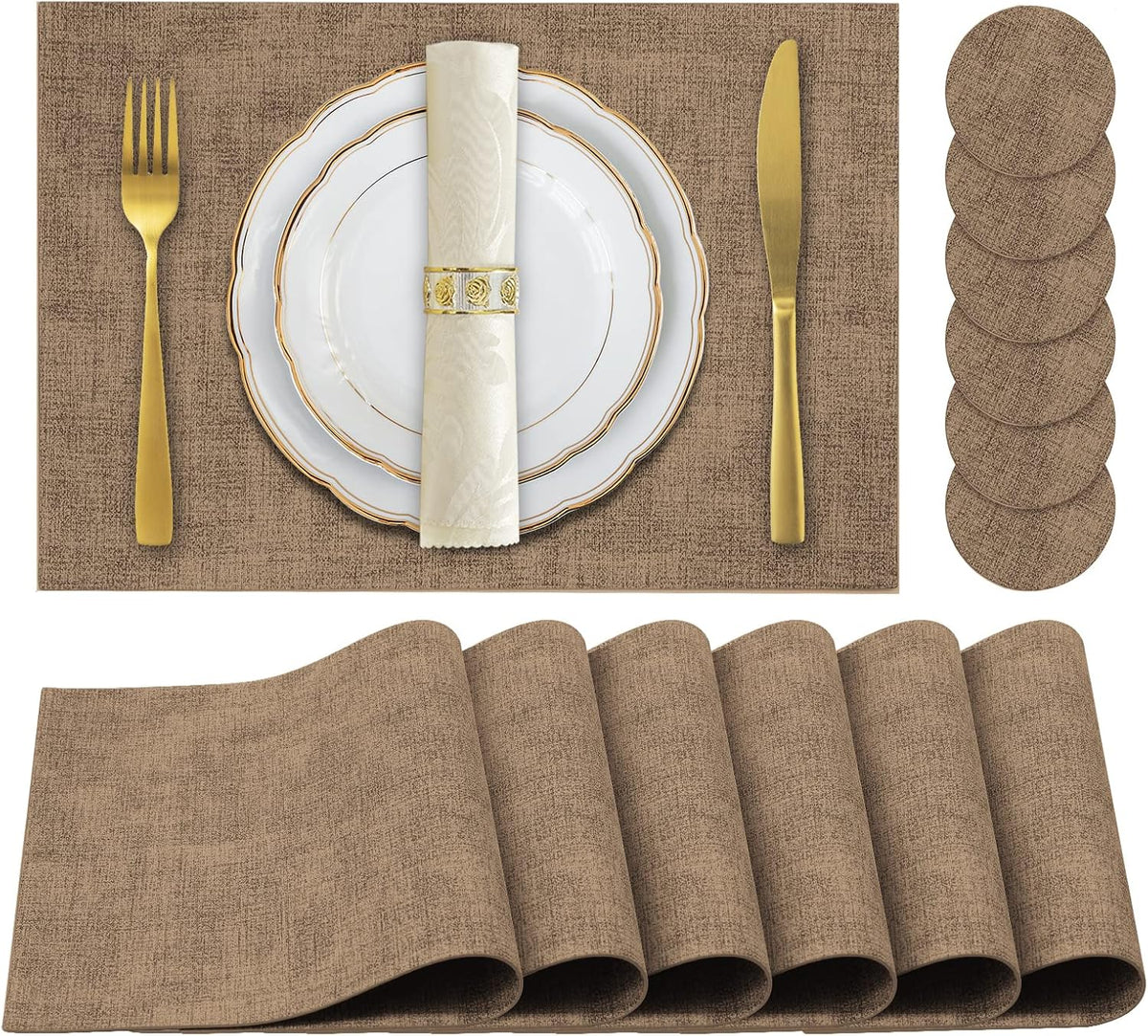 Faux Leather Placemats Set of 6,Heat Resistant Placemats for Dining Table, Easy Clean Non-Slip Place Mats, Waterproof Stain Resistant Wipeable Washable PU Table Mats, (Coffee)