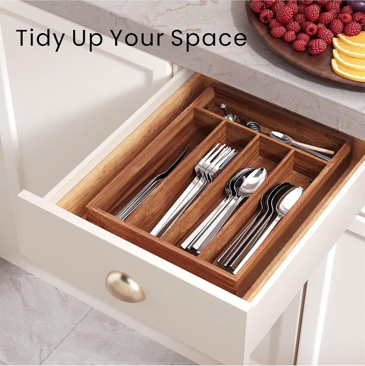 Fibogollo Acacia Wood Silverware Organizer with 5 Slots for Kitchen