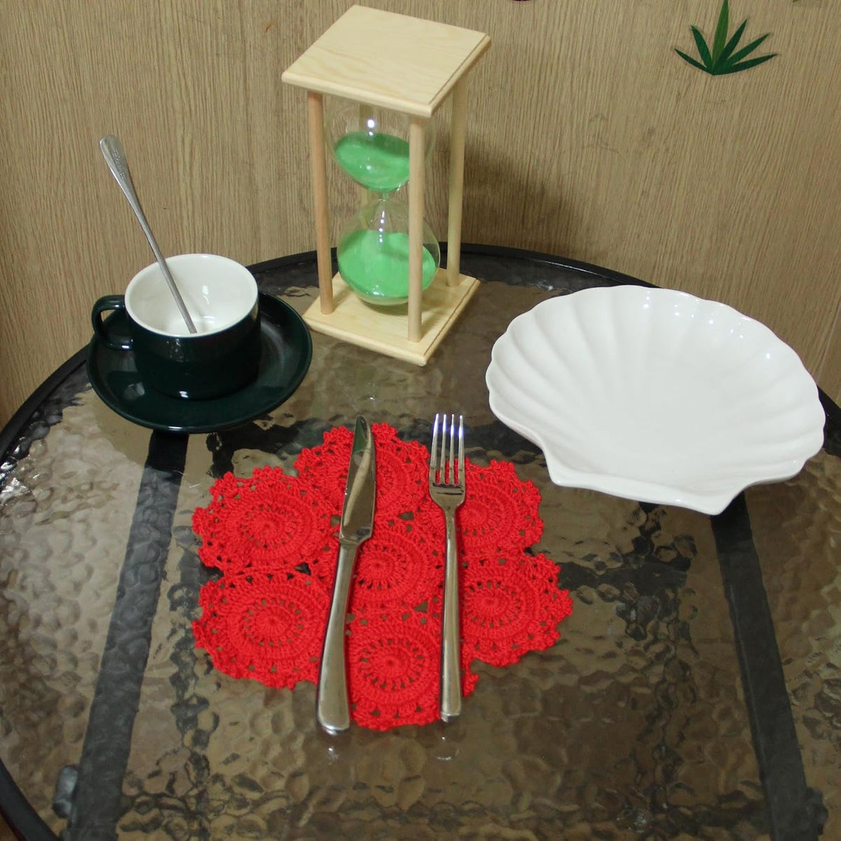 2PCS 10 Inch Sunflower Crochet Place Mats Lace Doilies Coasters Handmade Round Spliced Sunflower Table Cup Mats Easter Mother's Day Decoration,Red