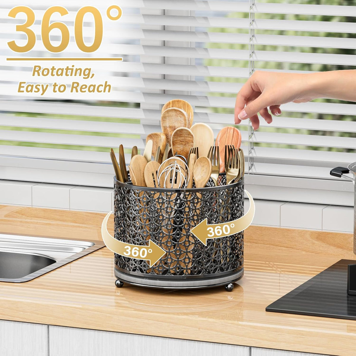 360° Rotating Kitchen Utensil Holder - Large Silverware Caddy Fast-Drying