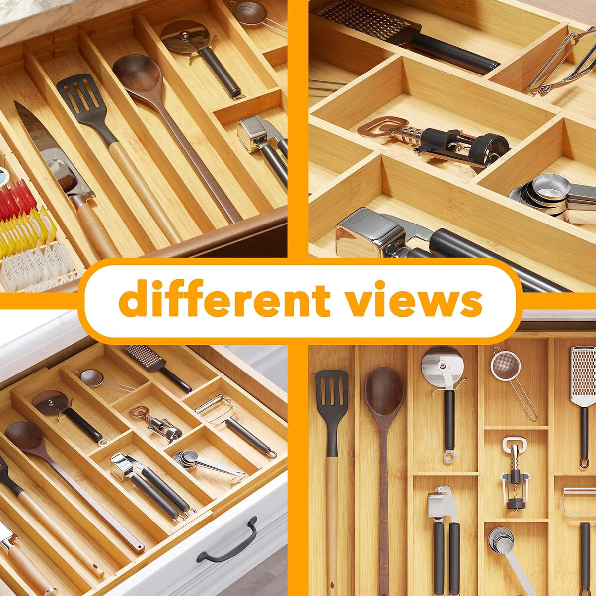 SpaceAid Bamboo Utensil Drawer Organizer with Labels, Kitchen Silverware Expandable Tray Holder Organizer for Flatware, Cutlery, Spoon and Knives Drawer Storage Organization (Natural)