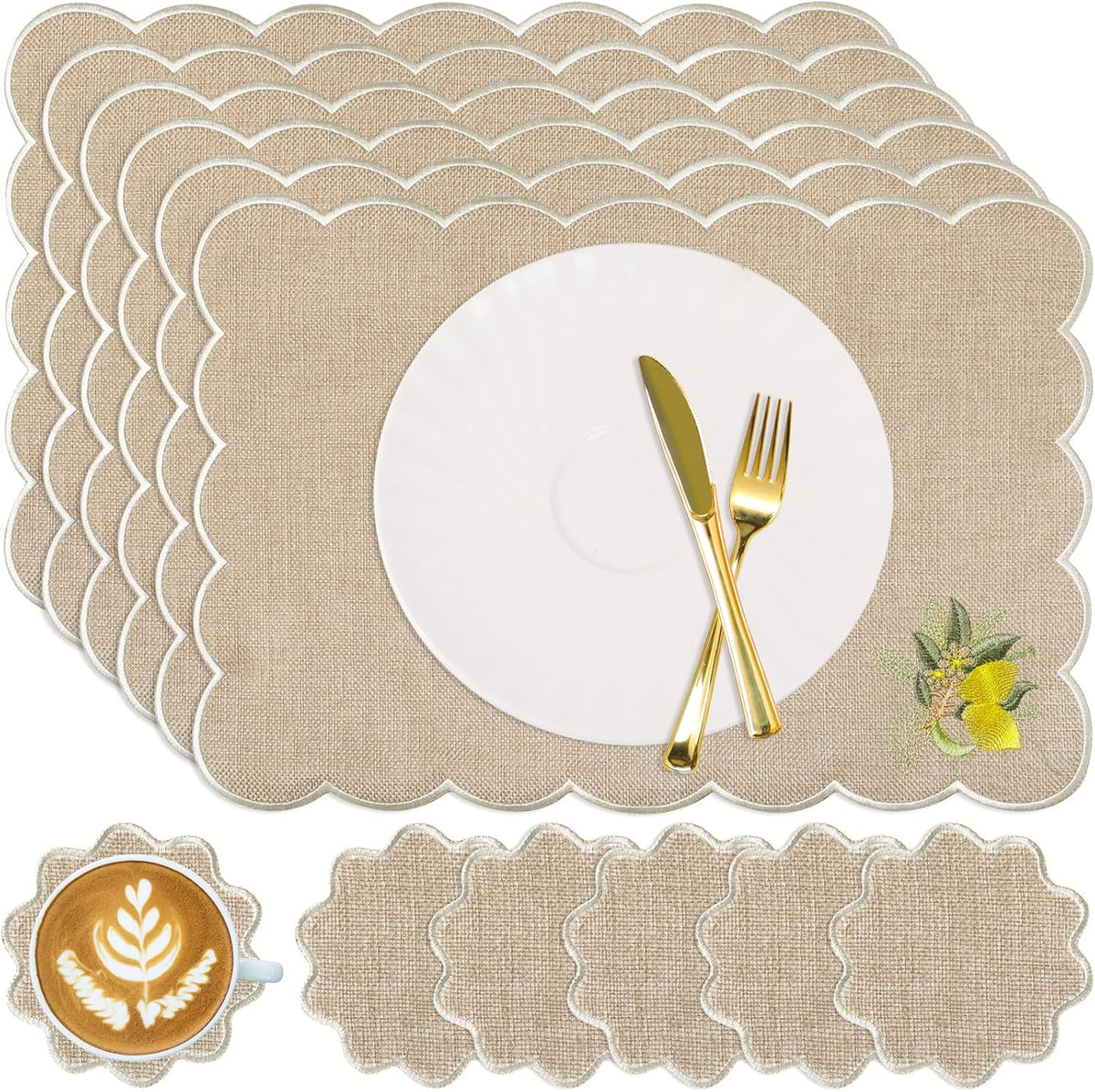 Set of 12 Lemon Cotton Linen Placemats Coaster, 12 x 17 Heat Resistant Embroidery Scalloped Placemats, 4" Summer Kitchen Coaster Double Layered Rustic Dinner Table Decoration(Linen and White)