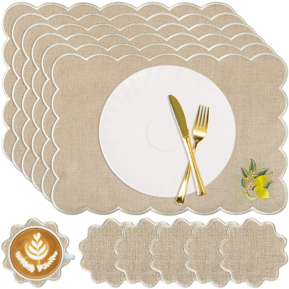 Set of 12 Lemon Cotton Linen Placemats Coaster, 12 x 17 Heat Resistant Embroidery Scalloped Placemats, 4" Summer Kitchen Coaster Double Layered Rustic Dinner Table Decoration(Linen and White)