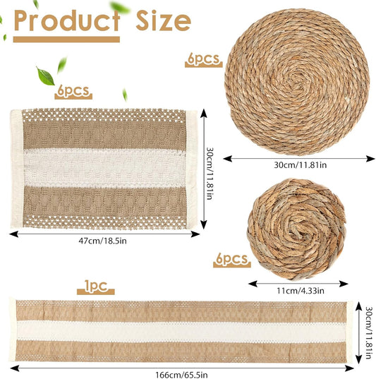 Boho Placemats Set of 6,Table Runner with Matching Round Woven Placemats,Macrame Table Decor Farmhouse Style Natural Burlap Cotton Placemats for Kitchen and Dining Table Centerpiece Home Decorations