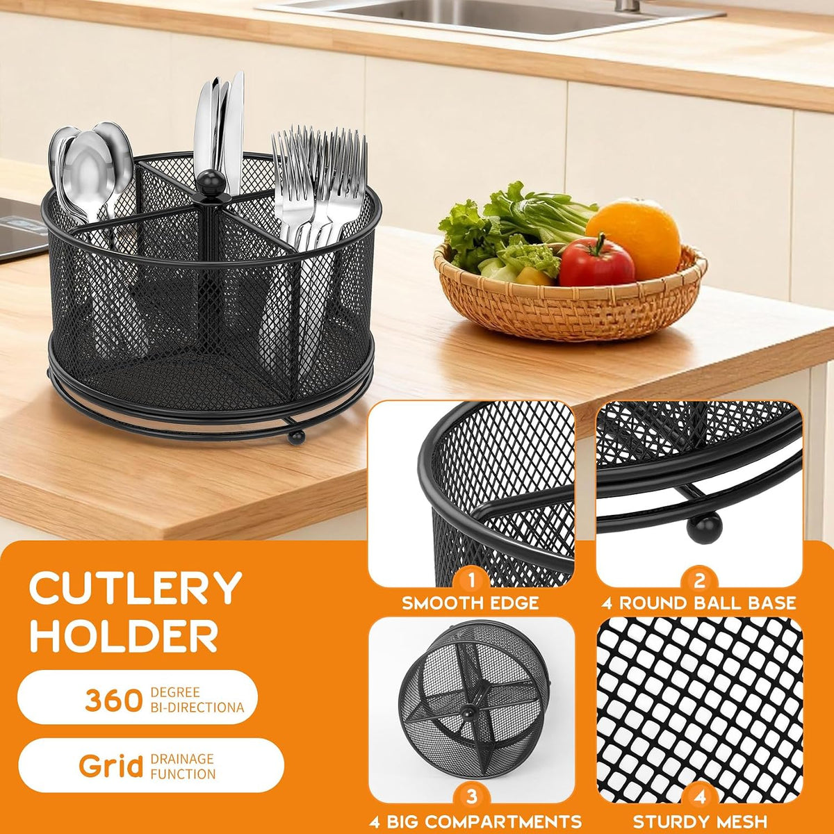 360° Rotating Metal Utensil Caddy, 4 Compartment Silverware Cutlery Holder