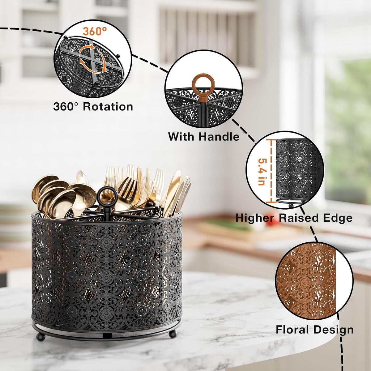 YIUKEA 360° Rotating Utensil Caddy - Raised 4 Compartments Large Capacity