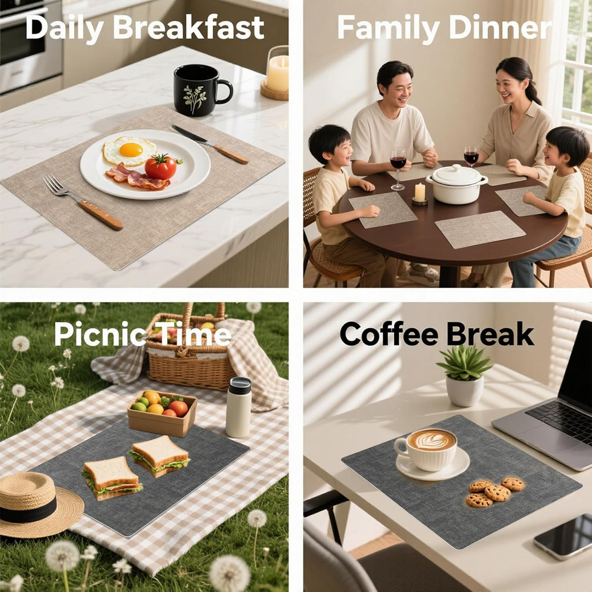 6 Placemats and 6 Coasters Set PU Leather Placemats for Dining Table – Waterproof, Heat Resistant, Easy to Clean, Non-Slip Table Mats for Kitchen, 43×30cm with 10cm Coasters, Dual-Sided Faux Leather