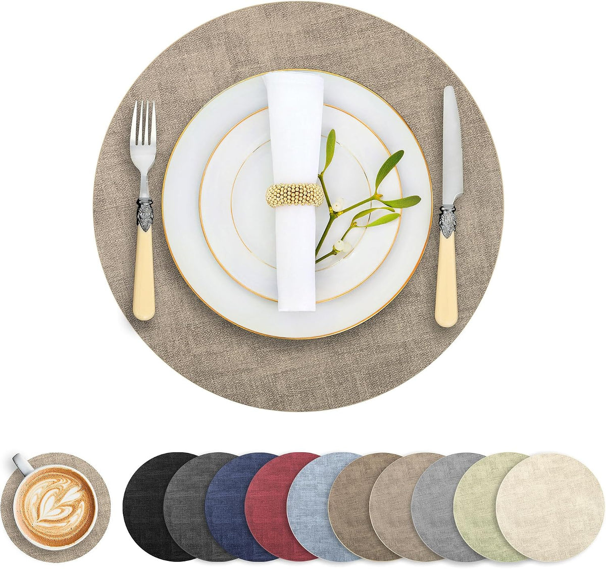 Round Faux Leather Placemats and Coasters, Set of 6, Reversible Heat Resistant Non-Slip Table Mats, Waterproof Wipeable Place Mats for Dining Table, Washable for Indoor & Outdoor (6, Light Brown)