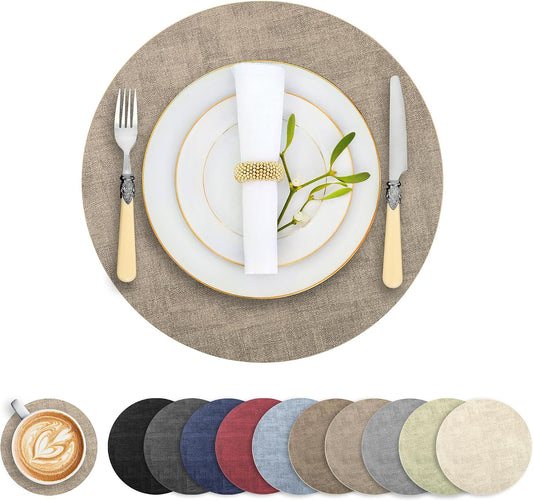 Round Faux Leather Placemats and Coasters, Set of 6, Reversible Heat Resistant Non-Slip Table Mats, Waterproof Wipeable Place Mats for Dining Table, Washable for Indoor & Outdoor (6, Light Brown)